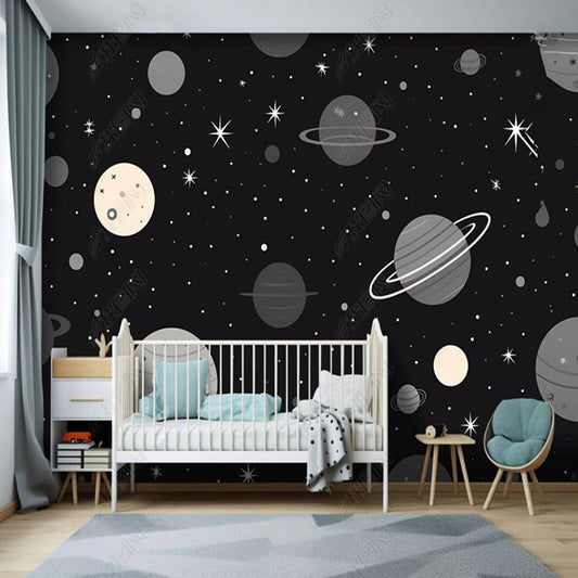 Original Abstract Cartoon Navy Blue Planets Stars Nursery Wallpaper Wall Mural