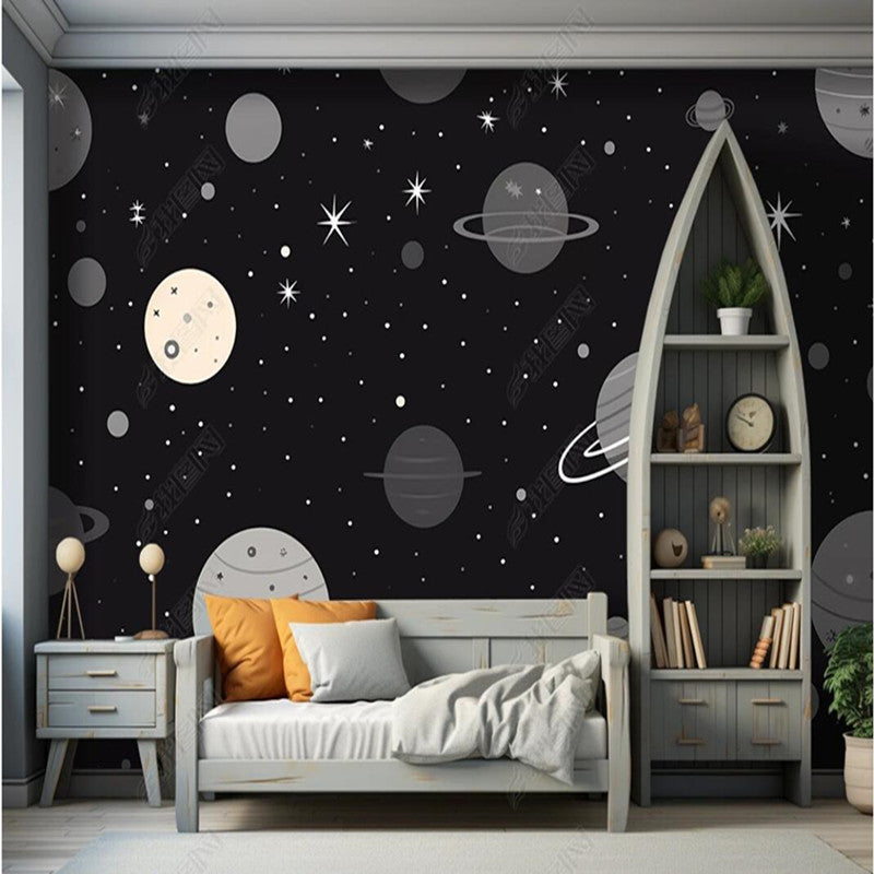Original Abstract Cartoon Navy Blue Planets Stars Nursery Wallpaper Wall Mural