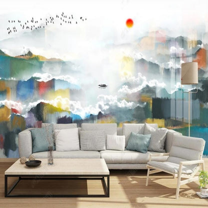 Ink Mountains with Flying Birds Wallpaper Wall Mural Home Decor
