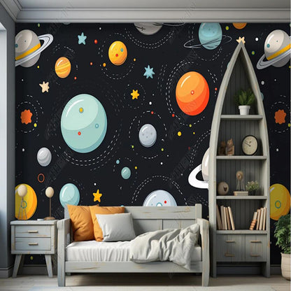 Original Abstract Cartoon Navy Blue Colorful Planets Stars Nursery Wallpaper Wall Mural