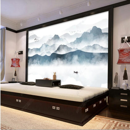 Ink Blue Mountains with Flying Birds Wallpaper Wall Mural Home Decor
