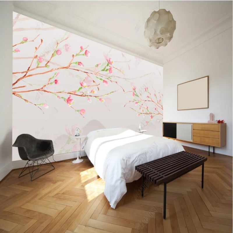 Chinoiserie Brushwork Hanging Cherry Blossom Wallpaper Wall Mural Home Decor