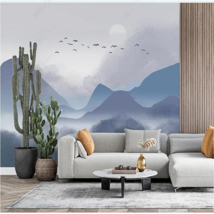 Modern Ink Blue Mountains with Lake Nature Landscape Wallpaper Wall Mural Home Decor