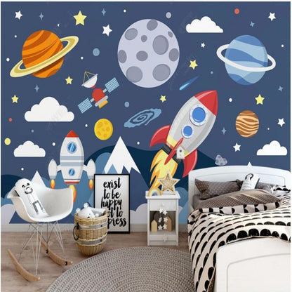 Cartoon Blue Planets Stars and Rocket Nursery Wallpaper Wall Mural Home Decor