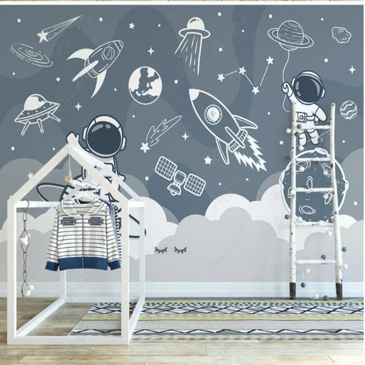 Cartoon Blue Planets Rocket and Astronauts Nursery Wallpaper Wall Mural Home Decor