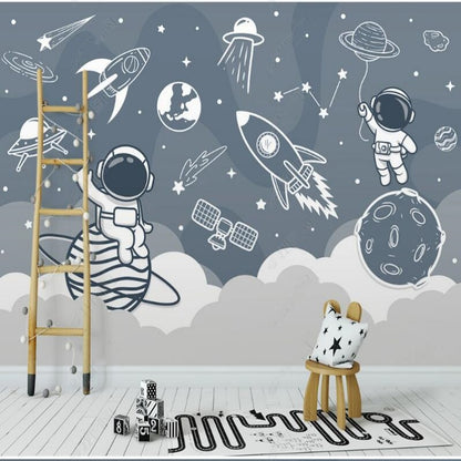 Cartoon Blue Planets Rocket and Astronauts Nursery Wallpaper Wall Mural Home Decor