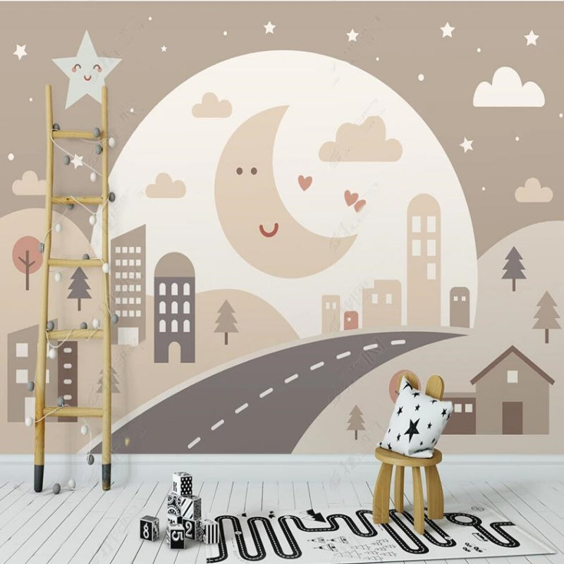 Cartoon Clouds and Moon Stars with Hourse Nursery Wallpaper Wall Mural Home Decor