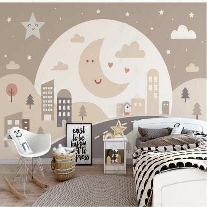 Cartoon Clouds and Moon Stars with Hourse Nursery Wallpaper Wall Mural Home Decor