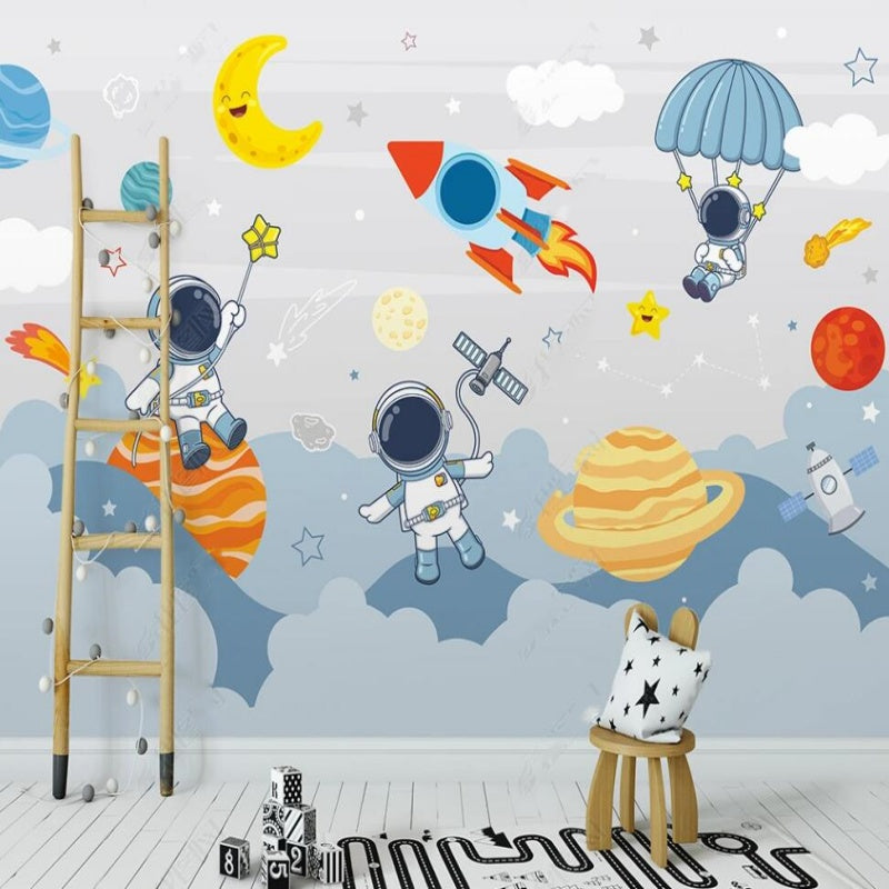 Cartoon Planets Rocket and Astronauts Nursery Wallpaper Wall Mural Home Decor