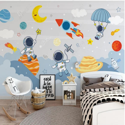 Cartoon Planets Rocket and Astronauts Nursery Wallpaper Wall Mural Home Decor