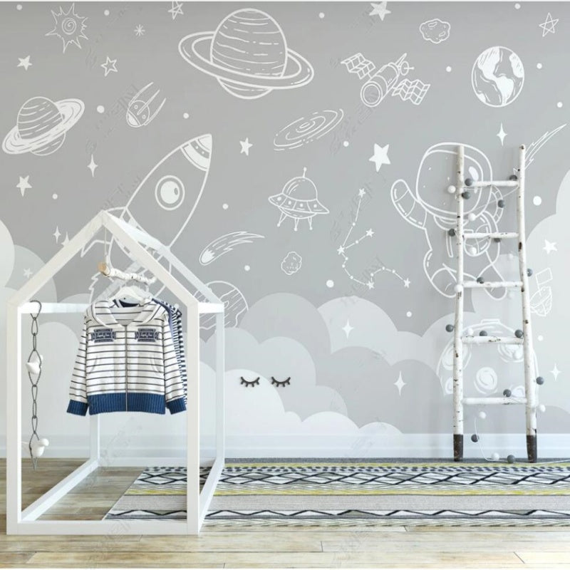 Cartoon Grey Clouds Planets Rocket and Astronauts Nursery Wallpaper Wall Mural Home Decor