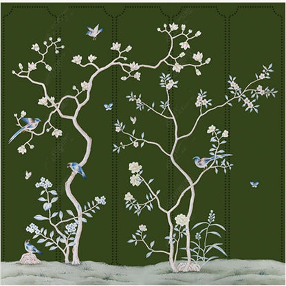 Chinoiserie Brushwork Vine Peony Flowers and Birds Wallpaper Wall Mural Home Decor