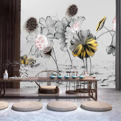 Ink Lotus Flower Wallpaper Wall Mural Home Decor