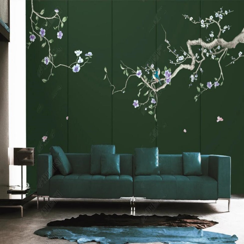 Chinoiserie Brushwork Hanging Purple Flowers and Birds Wallpaper Wall Mural Home Decor