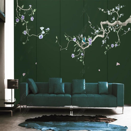 Chinoiserie Brushwork Hanging Purple Flowers and Birds Wallpaper Wall Mural Home Decor