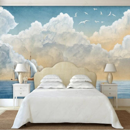 Blue Sky White Clouds with Flying Birds Wallpaper Wall Mural Home Decor