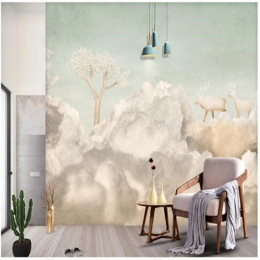 Blue Sky White Clouds with Moon Nursery Wallpaper Wall Mural Home Decor