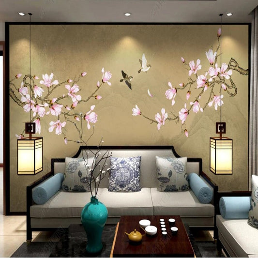 Chinoiserie Brushwork Pink Magnolia Wallpaper Wall Mural Home Decor