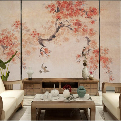 Chinoiserie Brushwork Coral Flower Tree Wallpaper Wall Mural Home Decor