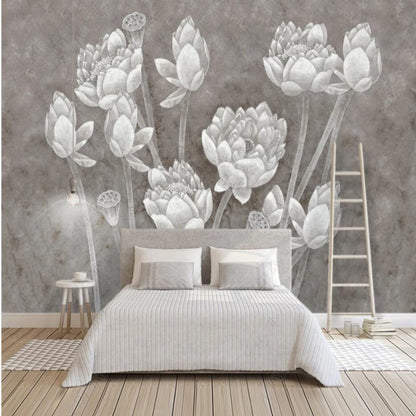 White Lotus Flowers Floral Wallpaper Wall Mural Home Decor