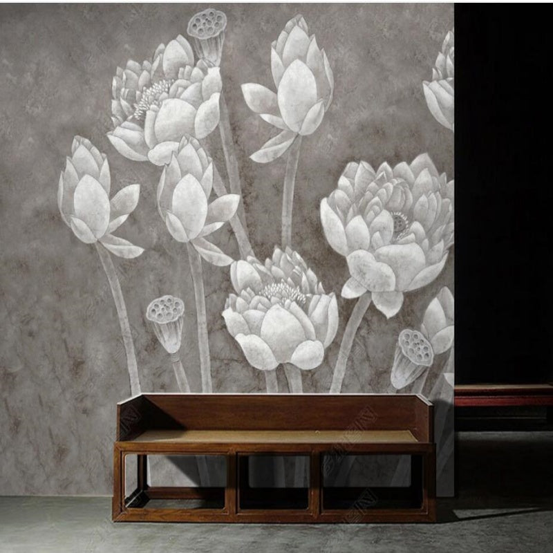 White Lotus Flowers Floral Wallpaper Wall Mural Home Decor