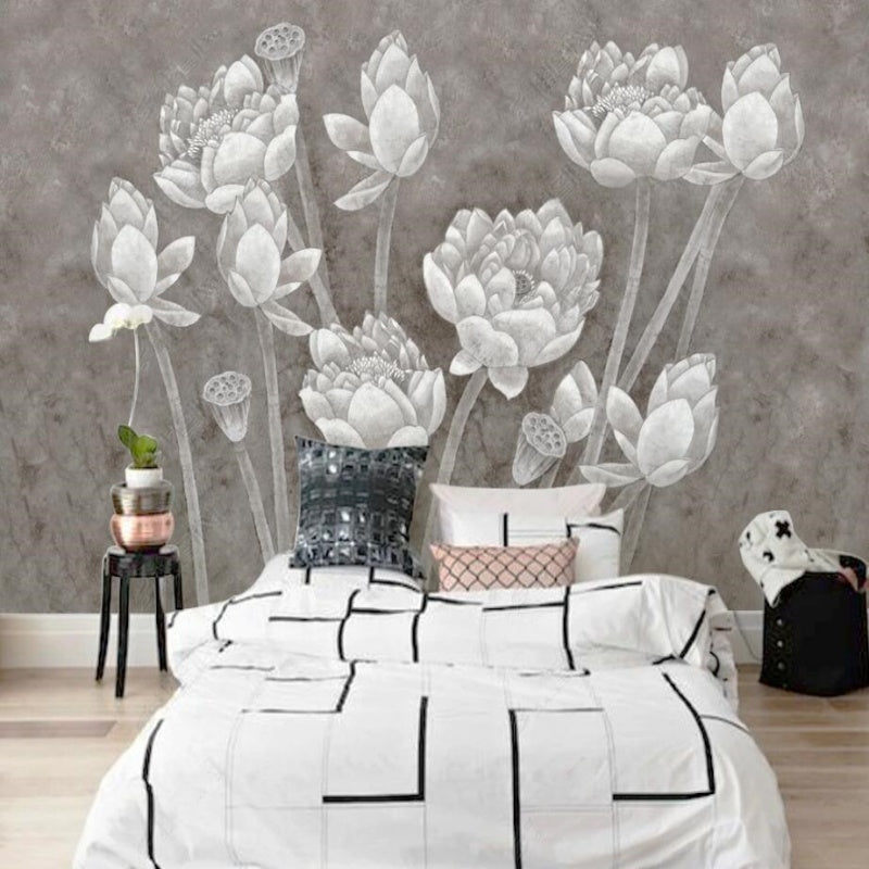 White Lotus Flowers Floral Wallpaper Wall Mural Home Decor