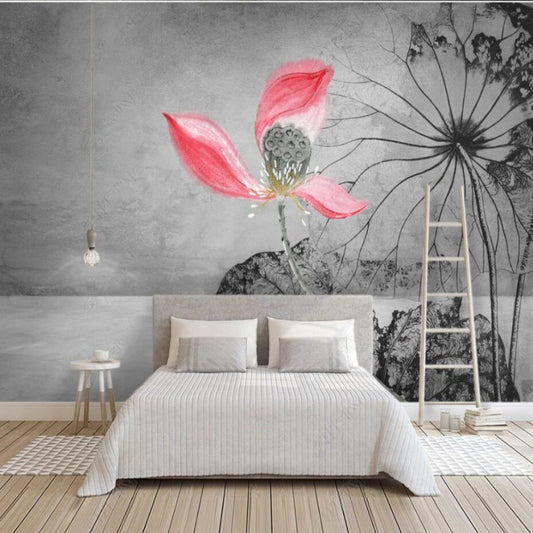 Ink Pink Lotus Flowers Floral Wallpaper Wall Mural Home Decor