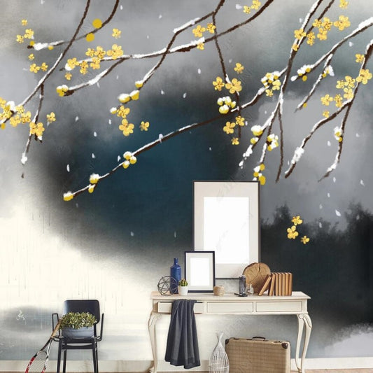 Chinoiserie Brushwork Yellow Plum Blossom Wallpaper Wall Mural Home Decor