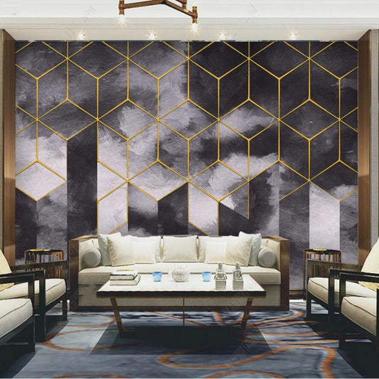 Simple Grey Background Golden Polygon Geometry Wallpaper Wall Mural Home Decor