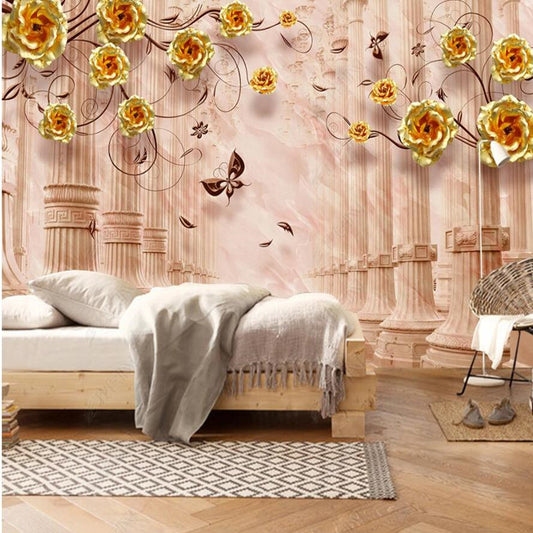 Original European Pattern Roman Pillar Dream Roses Flowers Wallpaper Mural