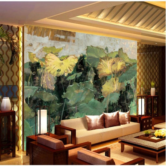 Oil Painting Lotus Leaves Wallpaper Wall Mural Home Decor