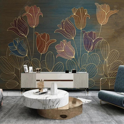 Original Nordic Simple Line Drawing Flowers Tulips Floral Wallpaper Wall Mural Home Decor