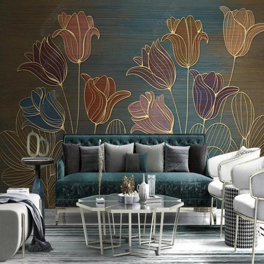 Original Nordic Simple Line Drawing Flowers Tulips Floral Wallpaper Wall Mural Home Decor