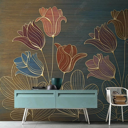 Original Nordic Simple Line Drawing Flowers Tulips Floral Wallpaper Wall Mural Home Decor