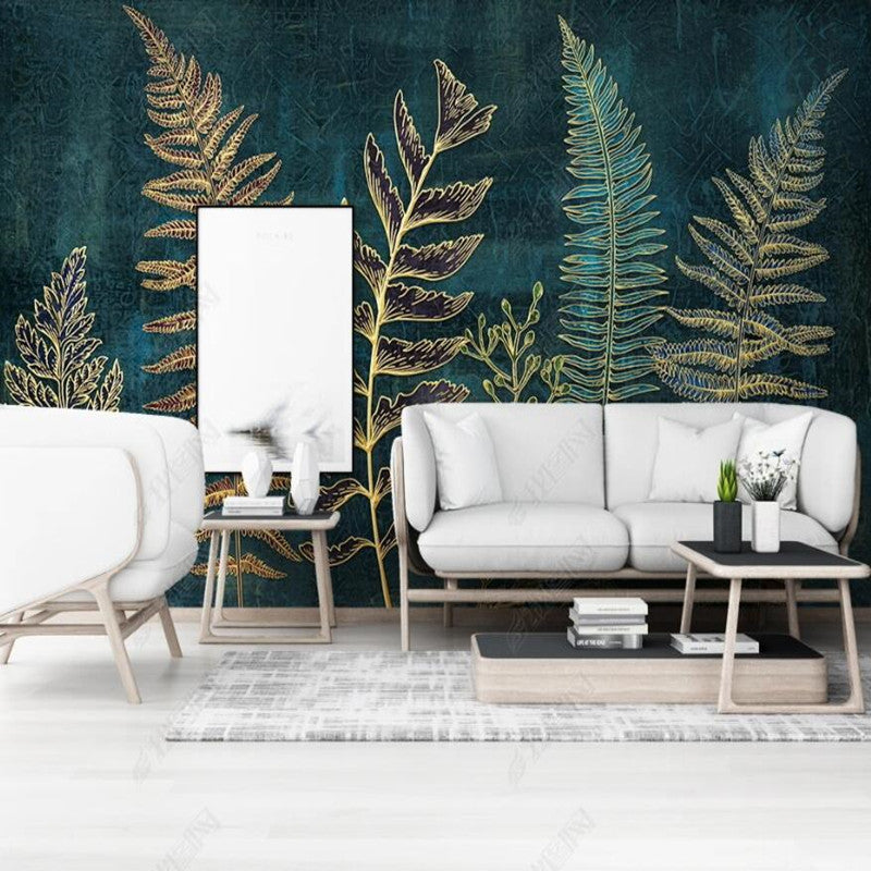Nordic Modern Minimalist Golden Line Plant Leaves Wallpaper Wall Mural Home Decor