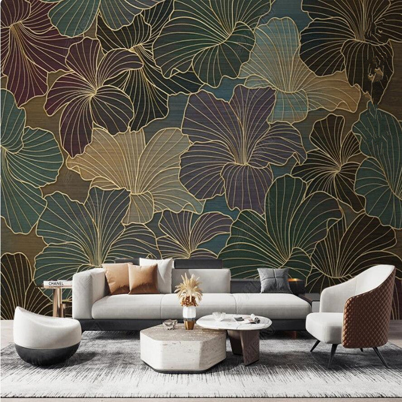 Vintage Golden Lines Flowers Wallpaper Wall Mural Wall Covering Home Decor