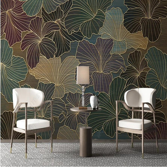 Vintage Golden Lines Flowers Wallpaper Wall Mural Wall Covering Home Decor