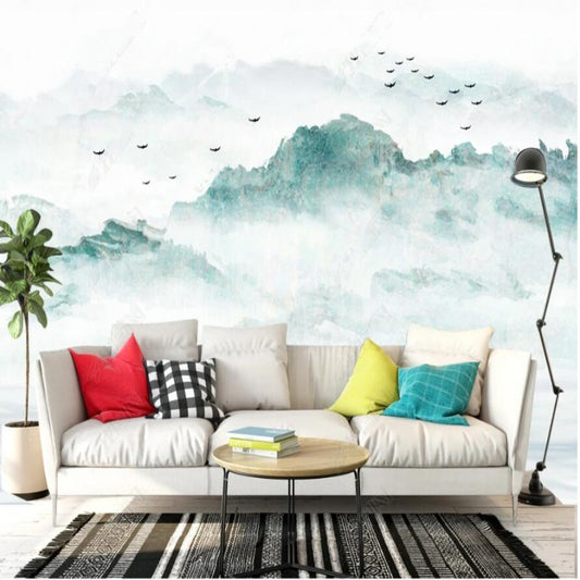 Green Mountains with Flying Birds Nature Landscape Wallpaper Wall Mural Home Decor