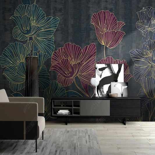 Line Drawn Floral Gold Flowers Wallpaper Wall Mural Wall Covering Home Decor