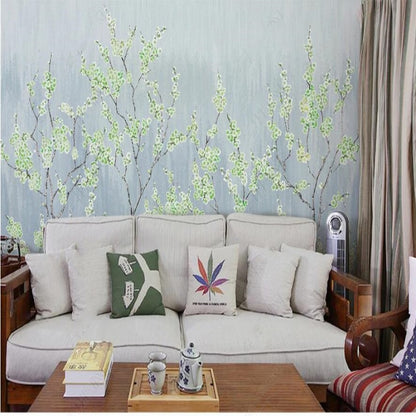 Chinoiserie Brushwork Green Plum Blossom Wallpaper Wall Mural Home Decor