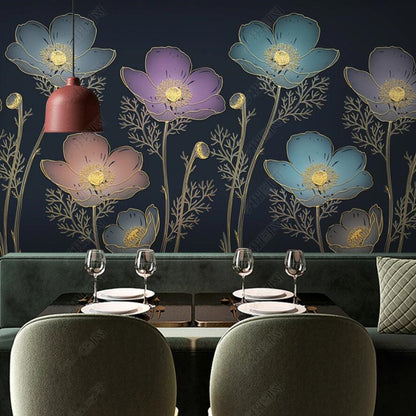 Dark Background Line Flowers Floral Wallpaper Wall Mural Home Decor
