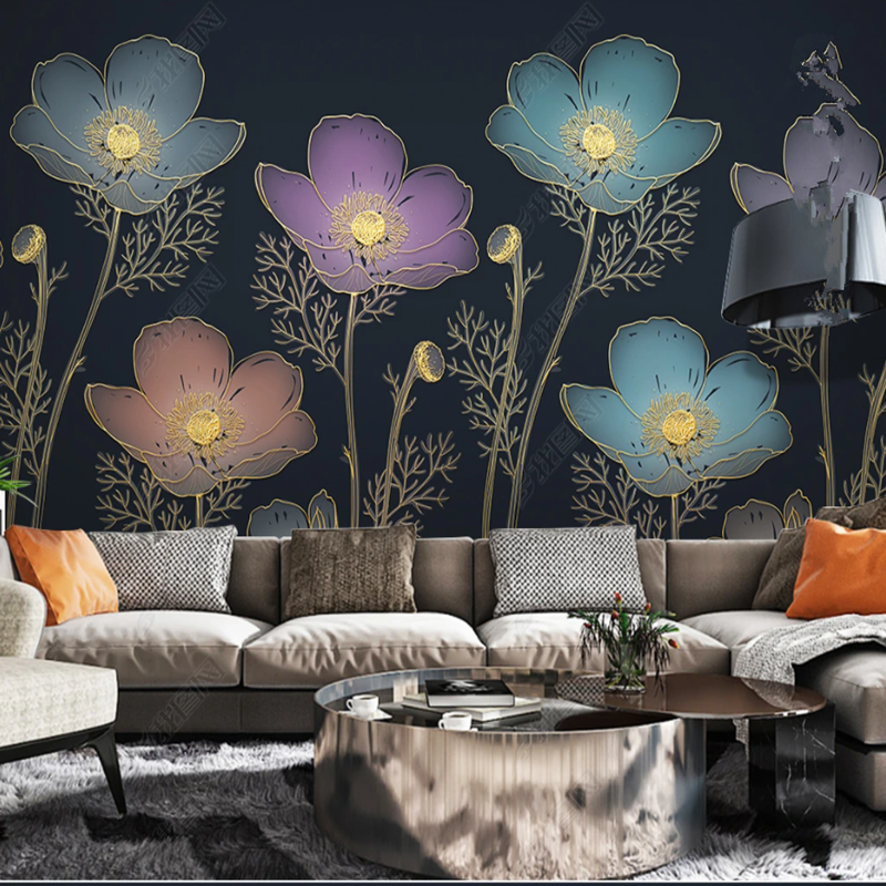 Dark Background Line Flowers Floral Wallpaper Wall Mural Home Decor