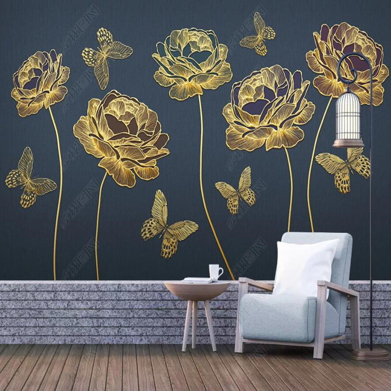 Dark Navy Background Golden Flowers Floral Wallpaper Wall Mural Home Decor