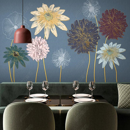 Navy Blue Background Flowers Floral Wallpaper Wall Mural Home Decor