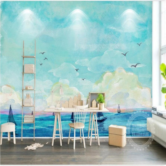 Blue Background White Clouds with Flying Birds Wallpaper Wall Mural Wall Covering