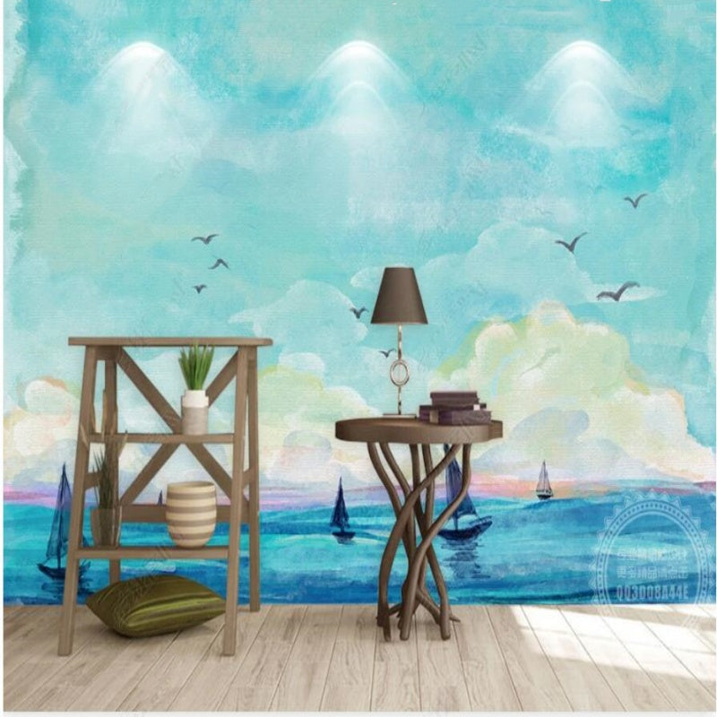 Blue Background White Clouds with Flying Birds Wallpaper Wall Mural Wall Covering