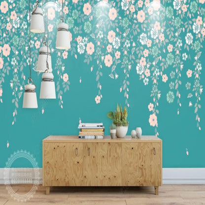 Fresh Hanging Pink Small Leaves Blue Background Wallpaper Wall Mural Wall Covering
