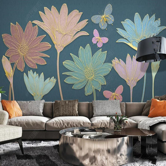 Modern Minimalist Line Drawing Floral Butterflies Flowers Wallpaper Wall Mural Home Decor