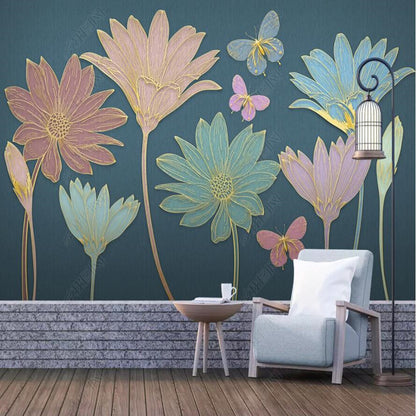 Modern Minimalist Line Drawing Floral Butterflies Flowers Wallpaper Wall Mural Home Decor