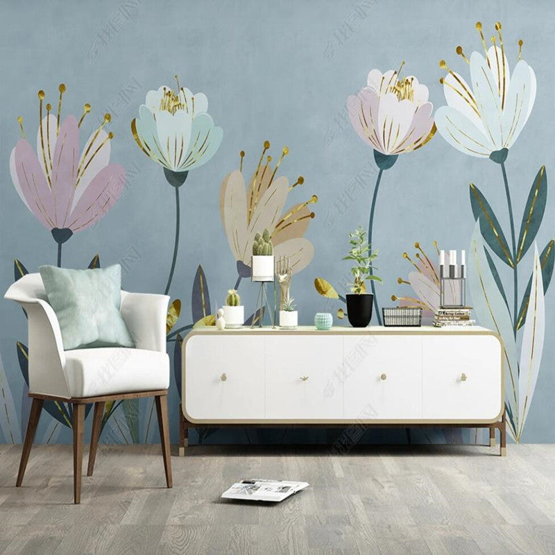 Modern Minimalist Line Drawing Floral Tulips Flowers Wallpaper Wall Mural Home Decor